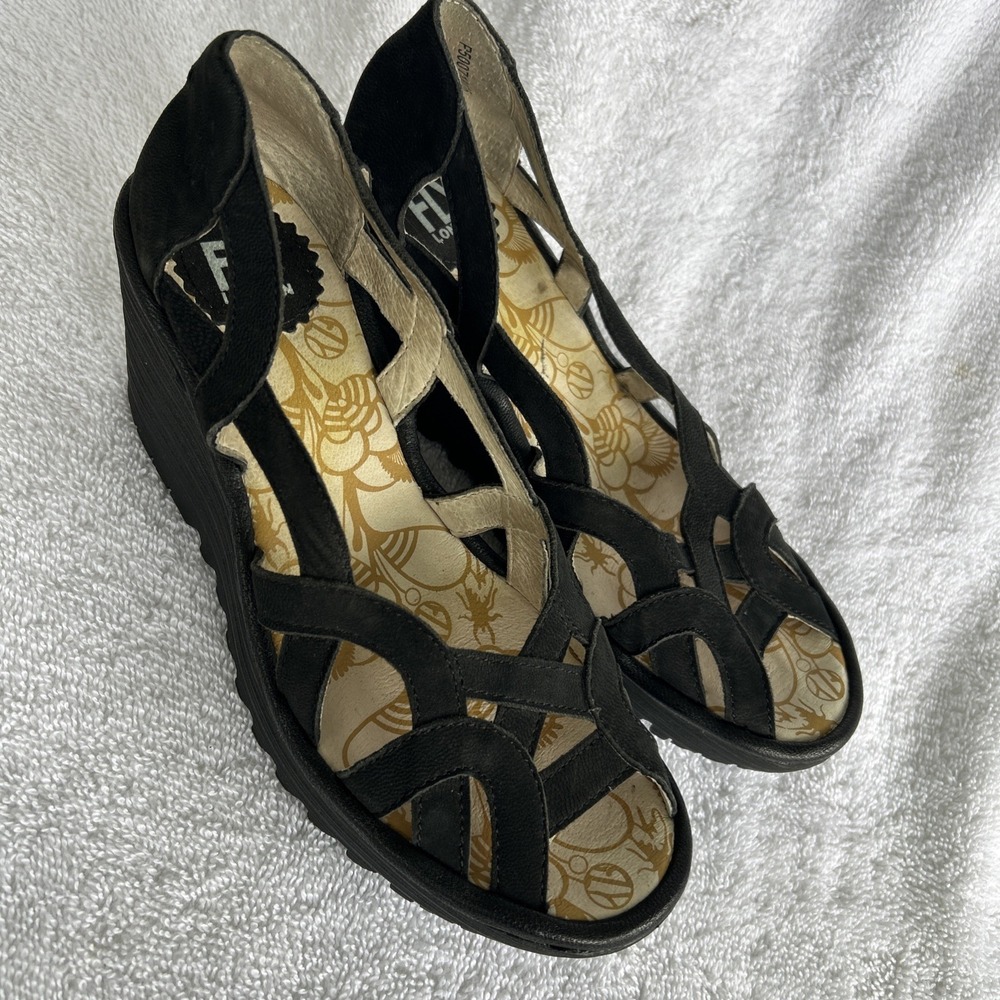 Fly London Black Suede Cutout Wedge Sandals